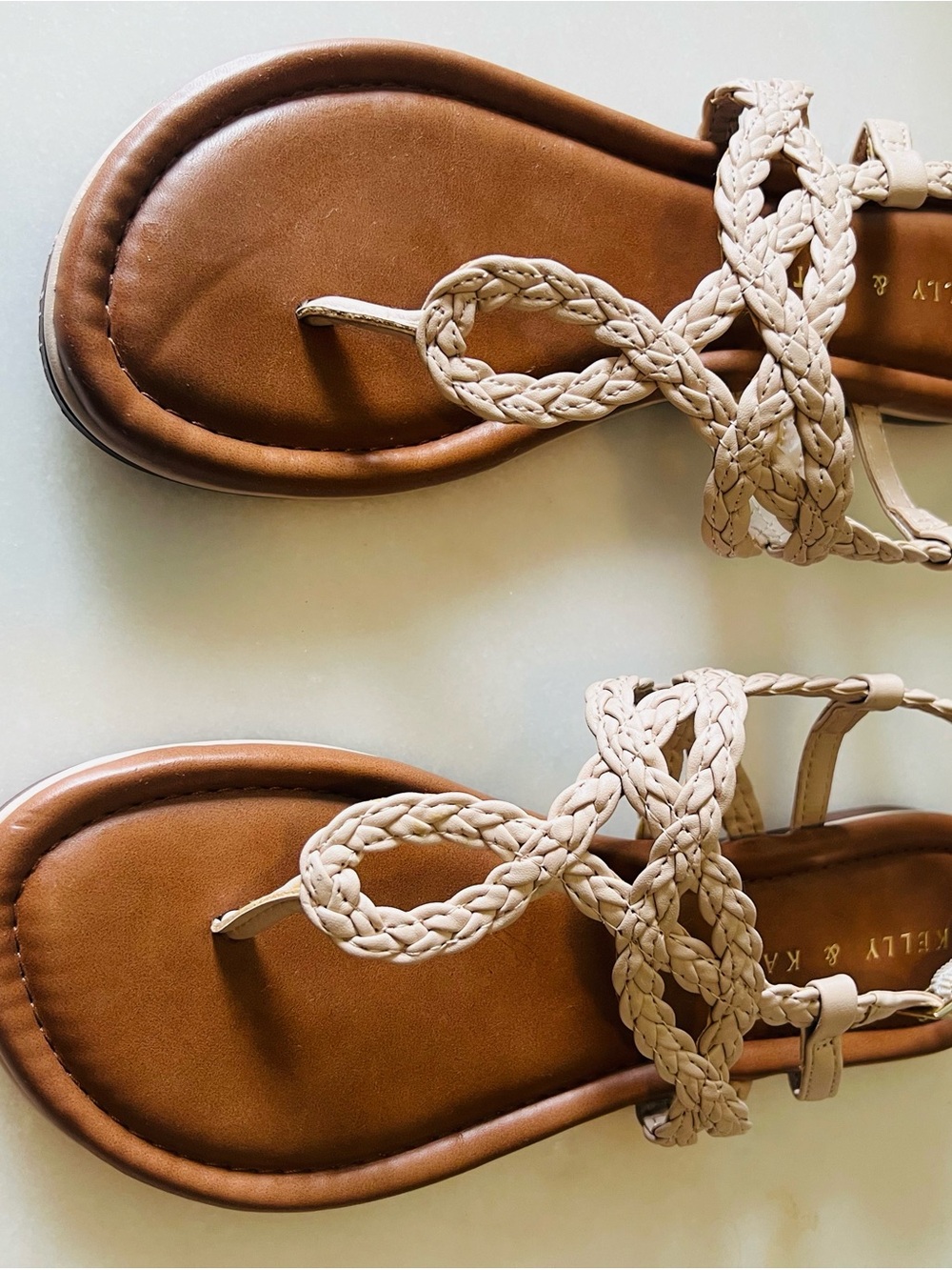 Kelly & Katie Braided T-Strap Sandal in Beige and Brown - Picture 2 of 8